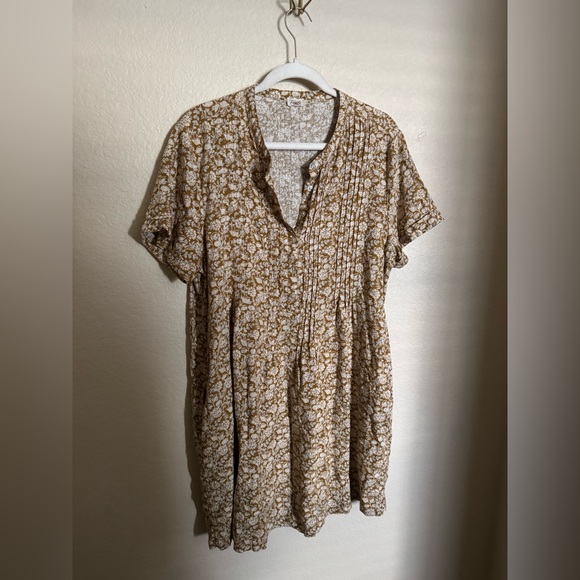 Faherty Gemina Floral Linen Blend Mini Dress Sz Large Tan Pleated Short Sleeve - Picture 2 of 8